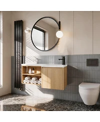 Sillysis 35.5 Inch Corner Floating Bathroom Vanity with Integrated Resin Sink, Plywood Cabinet, Open Storage for Small Bathrooms