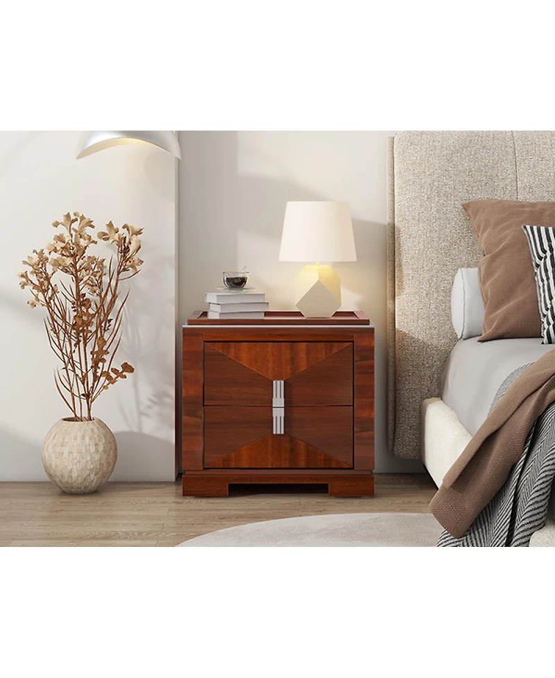Streamdale Furniture Mid-Century Modern 2-Drawer Wood Nightstand with Diamond Pattern