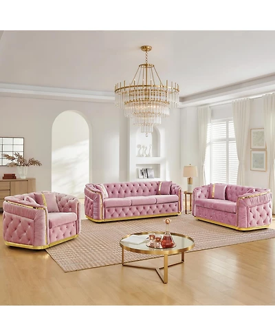 Streamdale Furniture 3-Piece Velvet Chesterfield Sofa Set with Accents and 6 Pillows