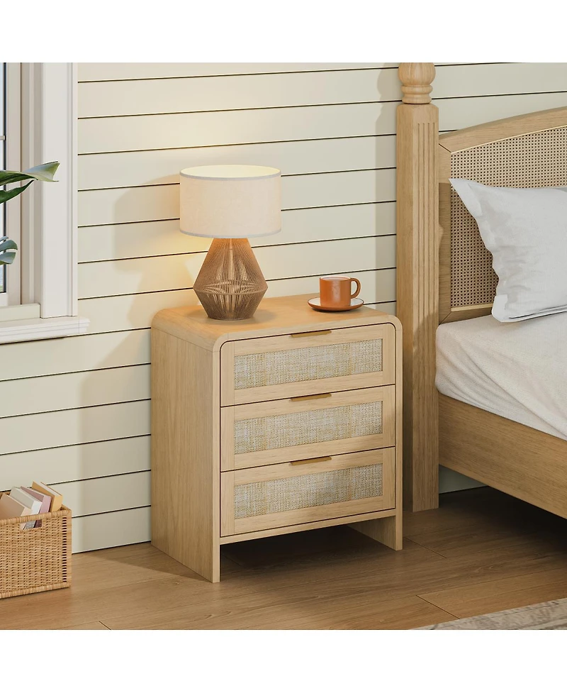 Streamdale Furniture 3-Drawer Rattan Nightstand 22.8'' Curved Wooden Bedside Table