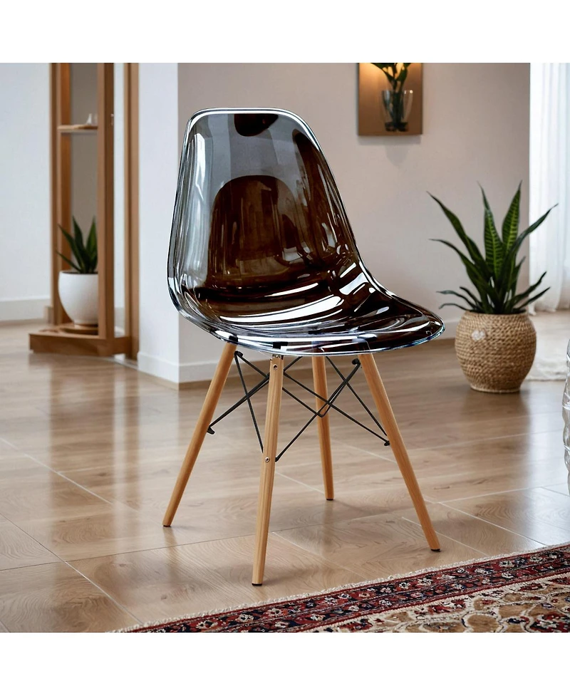 LeisureMod Cresco Modern Molded Acrylic Dining Chair with Eiffel Base and Beech Wood Dowel Legs Ergonomic Curved Seat Accent Side