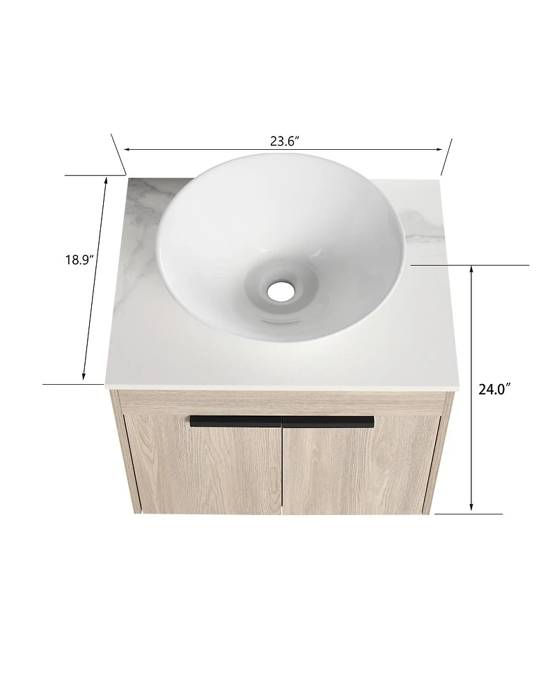 Sillysis Wall Mounted Bathroom Vanity with Ceramic Vessel Sink, Stone Top, Soft Close Doors