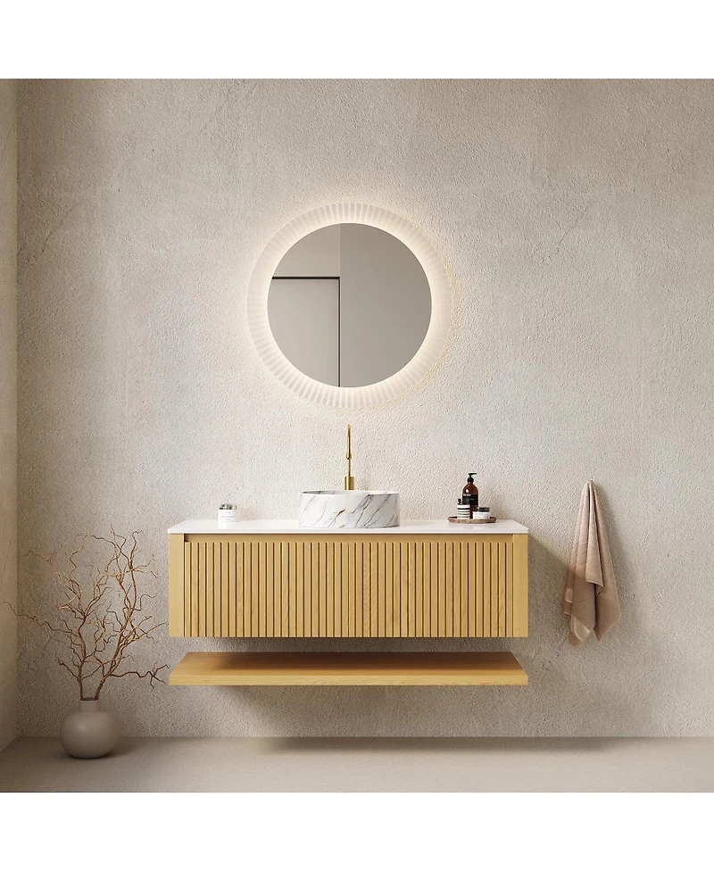Sillysis 48 Inch Wall Mounted Bathroom Vanity with Ceramic Basin, Sintered Stone Top, Large Drawer, Open Shelf Storage, Pre-assembled