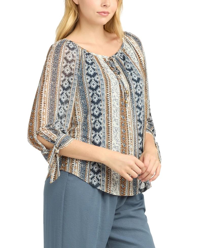 Bcx Juniors' Printed Mesh Peasant Top
