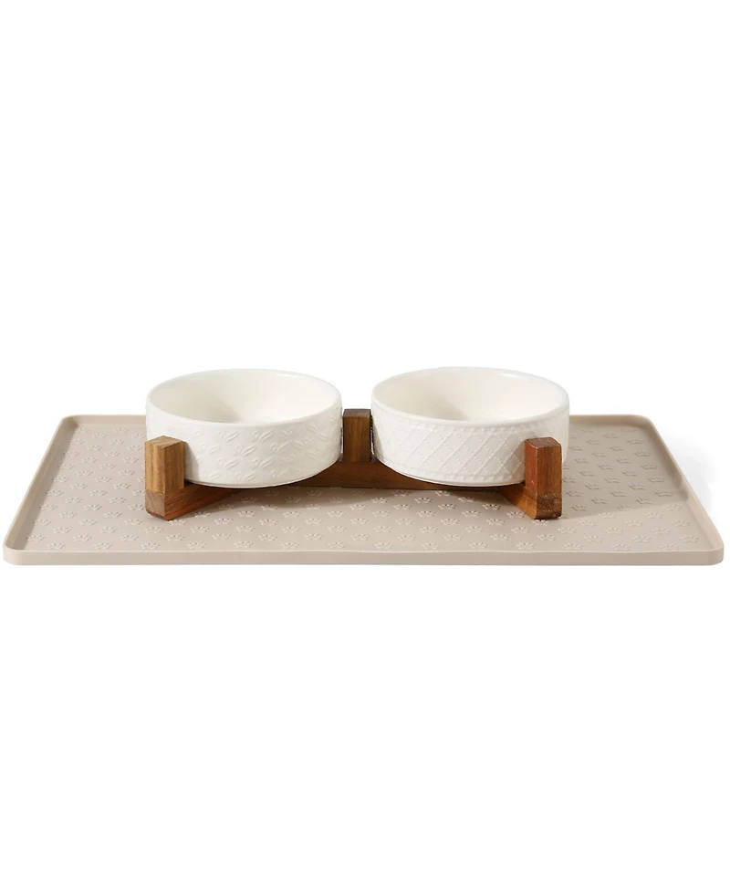 Aronkl Elevated Pet Feeder Set Ceramic Bowls Solid Wood Stand Silicone Mat Non Slip