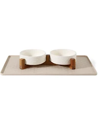 Aronkl Elevated Pet Feeder Set Ceramic Bowls Solid Wood Stand Silicone Mat Non Slip