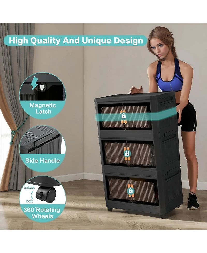 Streamdale Furniture 4-Tier Collapsible Storage Cabinet with Magnetic Doors and Wheels