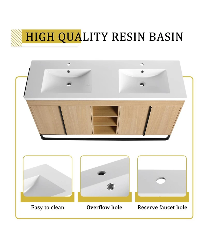 Sillysis 59 Inch Freestanding Double Sink Bathroom Vanity with Soft Close Doors, Open Storage and Towel Bar, Modern Plywood Cabinet
