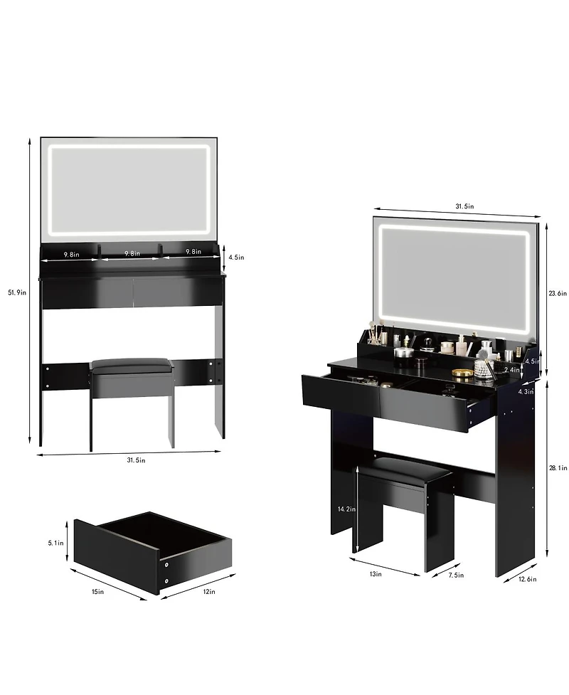 Streamdale Furniture 31'' x 20'' Led Vanity Table with Mirror Stool and Adjustable Lighting