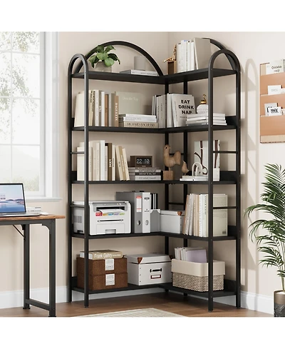 homfan 5-Tier L-Shaped Corner Bookshelf, Industrial Bookcase with Metal Frame, Open Wood and Storage Shelves, Office Display Rack