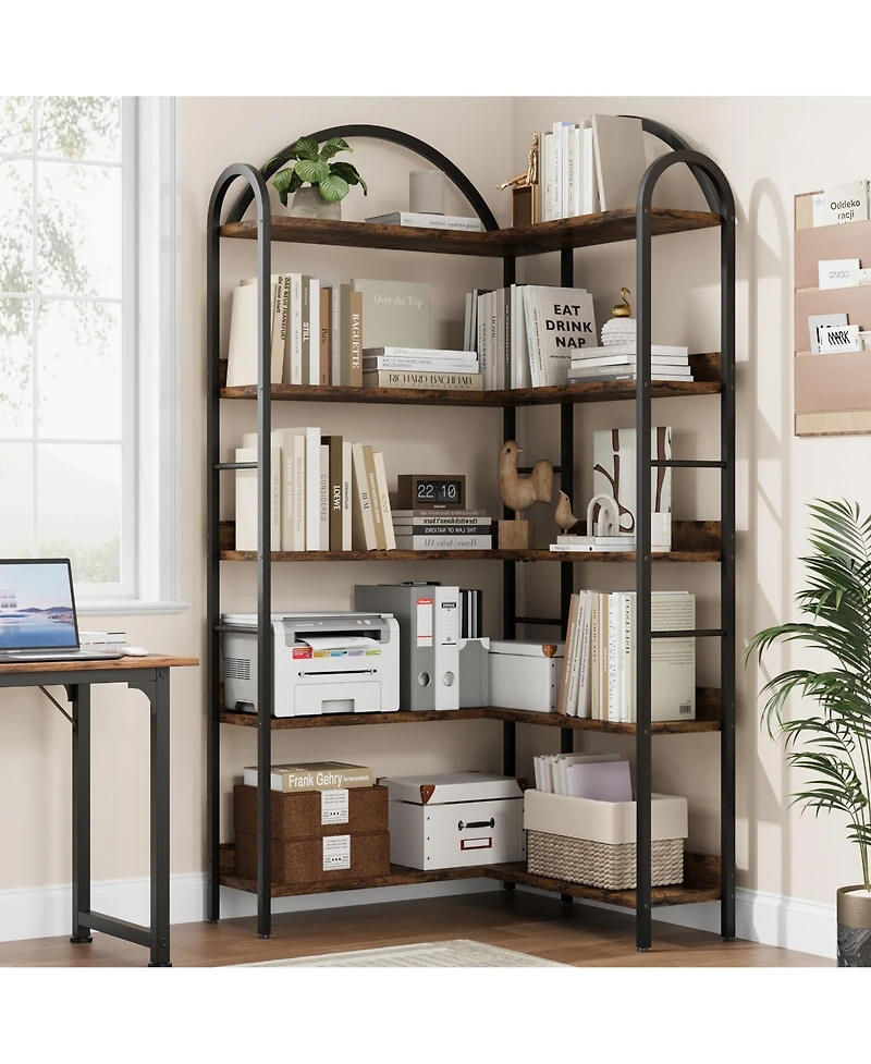 homfan 5-Tier L-Shaped Corner Bookshelf, Industrial Bookcase with Metal Frame, Open Wood and Storage Shelves, Office Display Rack