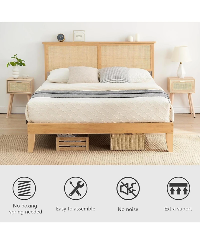 gaomon Twin Size Rattan Platform Bed, Natural Woven Headboard with Led Light, Boho Style Frame, Easy Assembly, No Box Spring