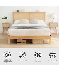 gaomon Twin Size Rattan Platform Bed, Natural Woven Headboard with Led Light, Boho Style Frame, Easy Assembly, No Box Spring