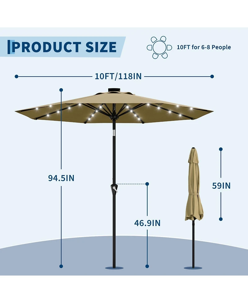 homfan 10Feet Solar Patio Umbrella, Uv Protection, Crank And Push-Button Tilt, 8 Sturdy Ribs, Easy Assembly For Patio, Garden, Pool Deck