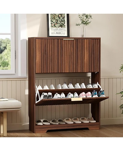 homfan Fluted Shoe Cabinet for Entryway with 2 Flip Drawers