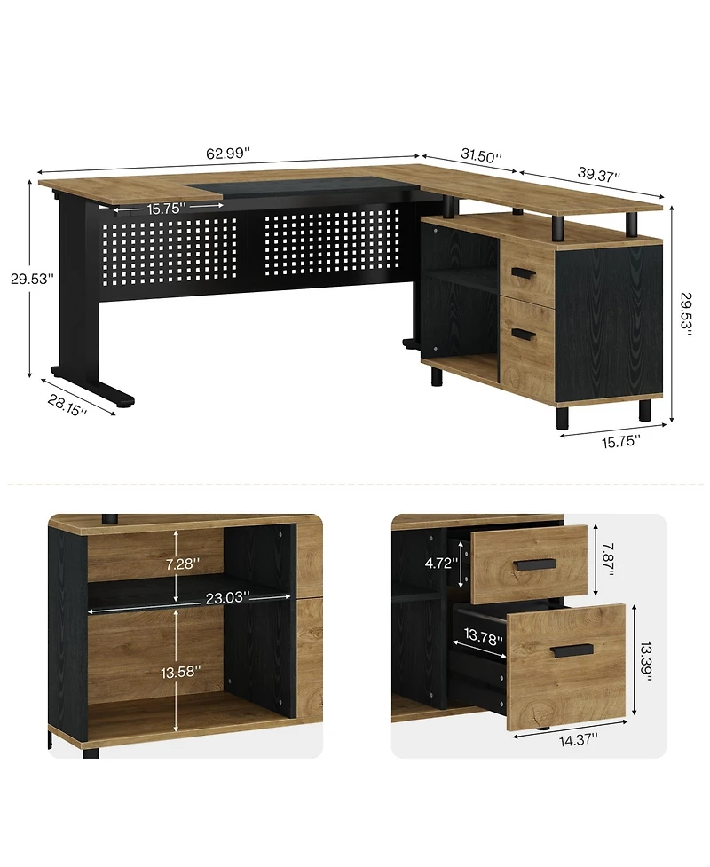 Tribesigns 63" L-Shaped Executive Desk with File Cabinet, Drawers & Storage Shelves - Office Desk