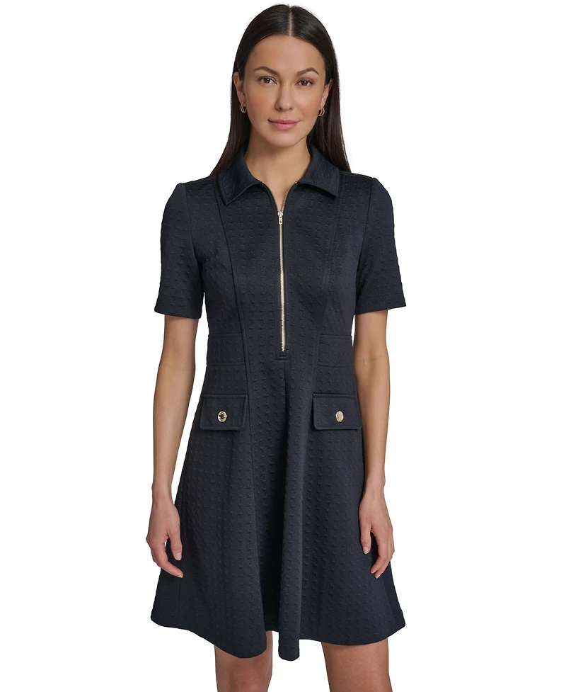 Tommy Hilfiger Women's Short-Sleeve Textured Knit Front Zipper Shift Dress