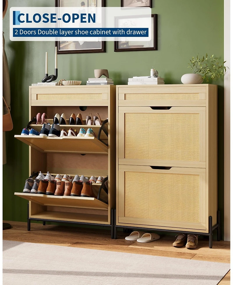 Homfan Wood Rattan Shoe Cabinet with Flip Drawers and Top Drawer, Adjustable Shelves, Slim Entryway Storage for Hallway