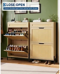 Homfan Wood Rattan Shoe Cabinet with Flip Drawers and Top Drawer, Adjustable Shelves, Slim Entryway Storage for Hallway