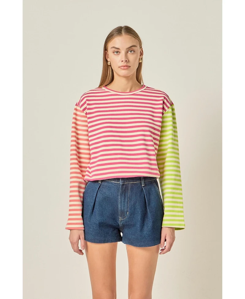 English Factory Women's Striped Color Block Long Sleeve Tee