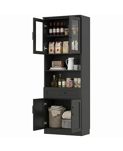 Aheaplus 80'' Tall Kitchen Pantry Cabinet with Glass Door and Wood Drawer