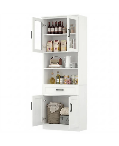 Aheaplus 80'' Tall Kitchen Pantry Cabinet with Glass Door and Wood Drawer
