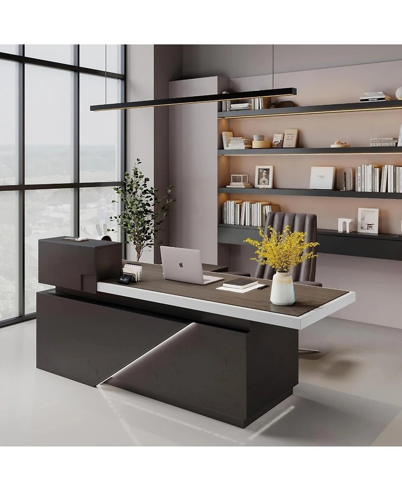 Logicfox Executive Office Desk with Cable Management Storage Cabinet Outlet Led