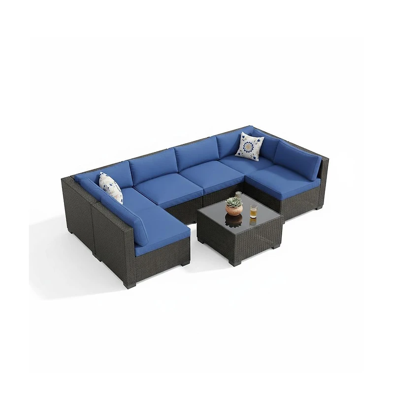 homfan 7-Piece Outdoor Sectional Set with Pe Rattan Wicker, Thick Cushions and Tempered Glass Coffee Table, Modular Patio Seating