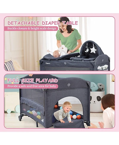 Gaomon 5-in-1 Foldable Pack and Play Baby Playard, Bedside Sleeper with Bassinet Diaper Changer, Lockable Wheel Nursery Center for Newborn Toddler