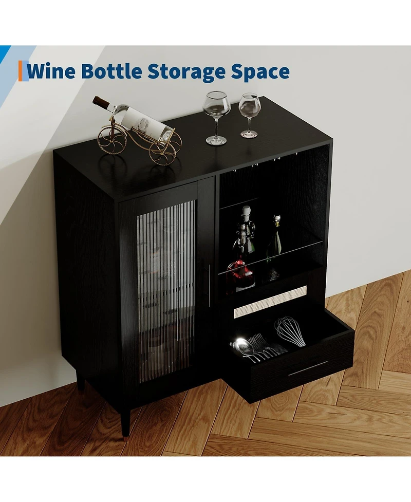 homfan Modern Bar Cabinet - Tempered Glass Door and Drawers, Storage Sideboard for Wine and Coffee in Kitchen or Living Room