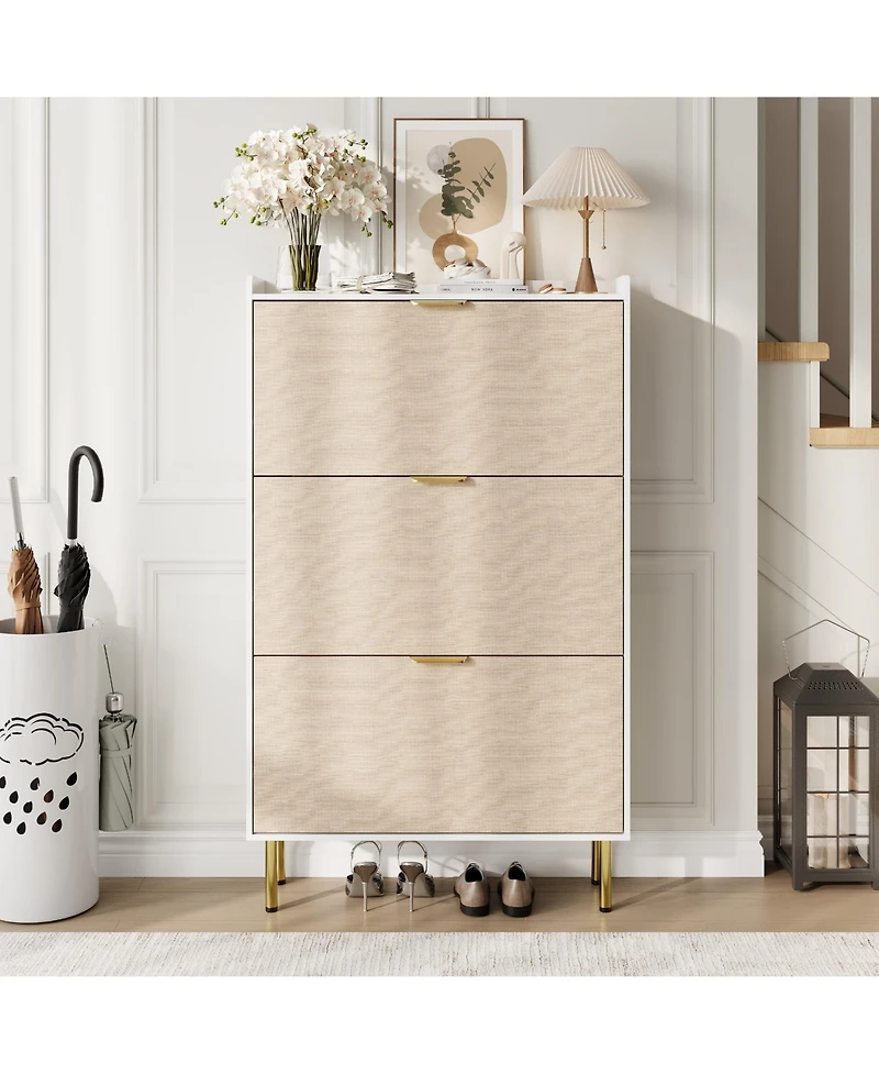 homfan Shoe Cabinet Organizer 3 Flip Drawers, Narrow Rack with Metal Legs, Farmhouse Slim Storage Adjustable Shelves for Entryway, Foyer, White