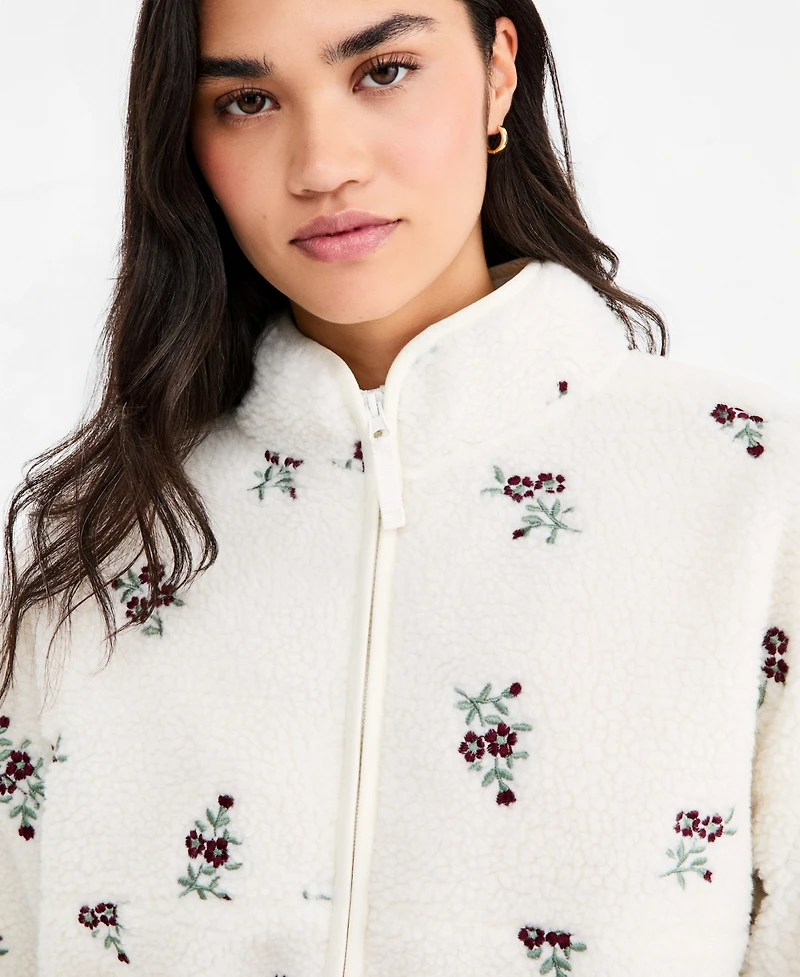 Planet Gold Juniors' Floral Embroidered Zip-Front Fleece Jacket