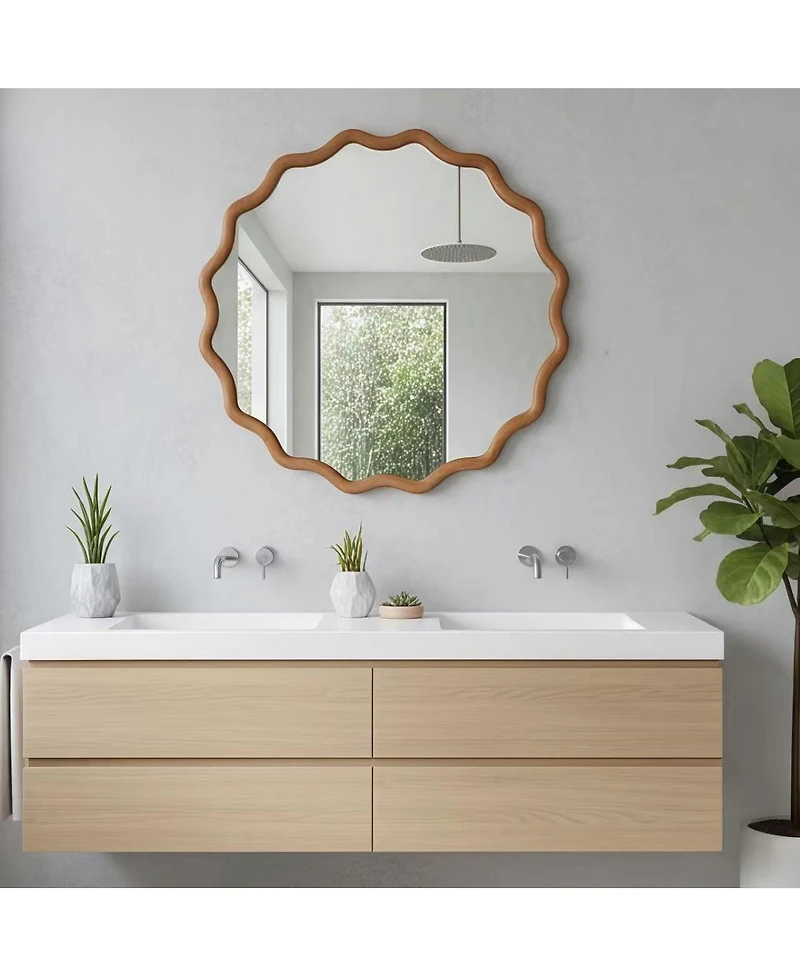 Laoties 24" Round Wavy Wood Frame Accent Mirror for Entryway and Bathroom