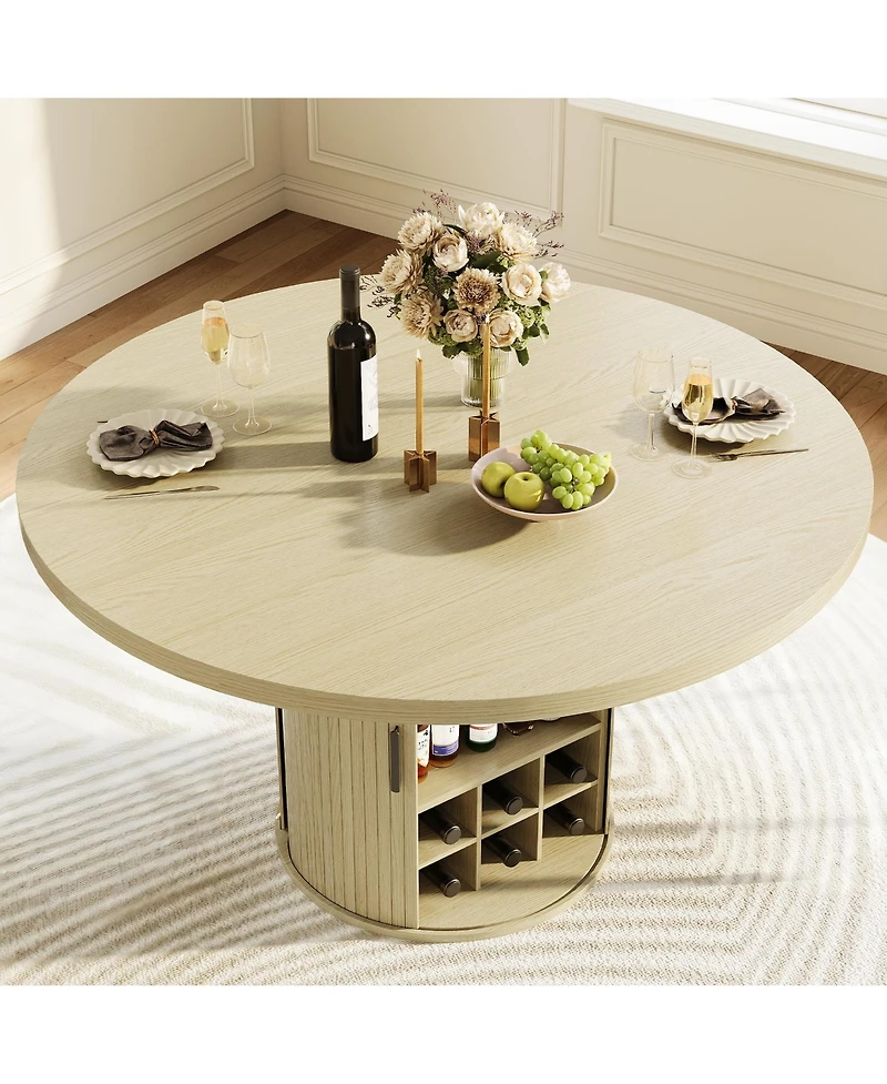 homfan 47-Inch Round Dining Table for 4-6 with Hidden Storage and Wine Rack - Modern Wood Kitchen Table