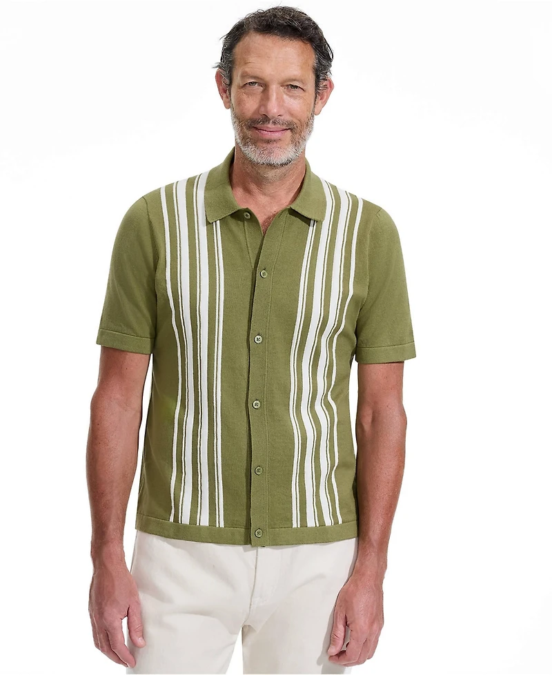 Lands' End Men's Short Sleeve Striped Button Through Sweater Polo