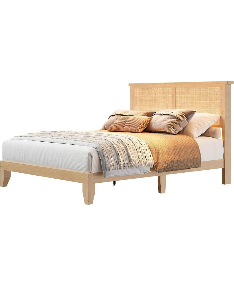 gaomon Queen Rattan Platform Bed with Led Headboard And Wood Legs
