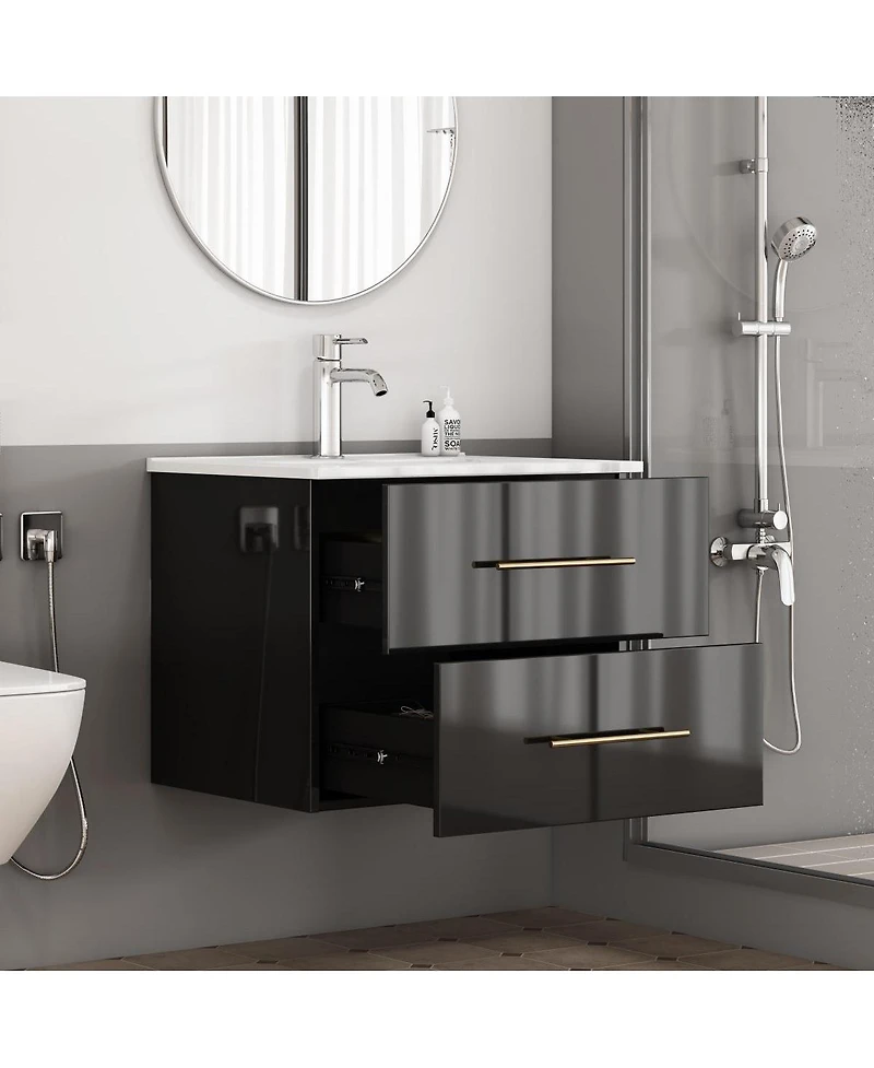 Sillysis Wall Mounted Bathroom Vanity with Ceramic Sink, Double Drawers