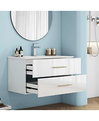 Sillysis Wall Mounted Bathroom Vanity with Ceramic Sink, Double Drawers, Modern Glossy Cabinet for Small Spaces