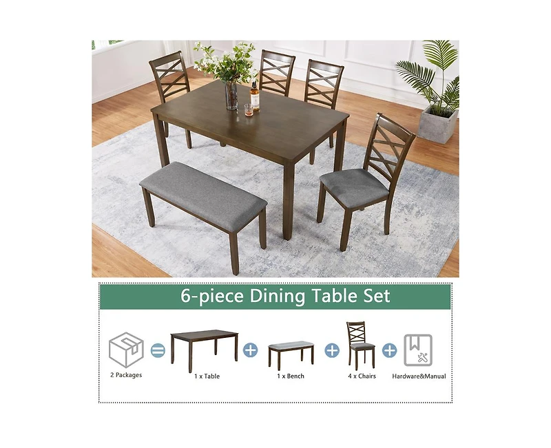 sumyeg Walnut Modern 6-Piece Dining Set with Rectangular Table 4 Chairs and Bench