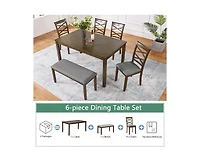 sumyeg Walnut Modern 6-Piece Dining Set with Rectangular Table 4 Chairs and Bench