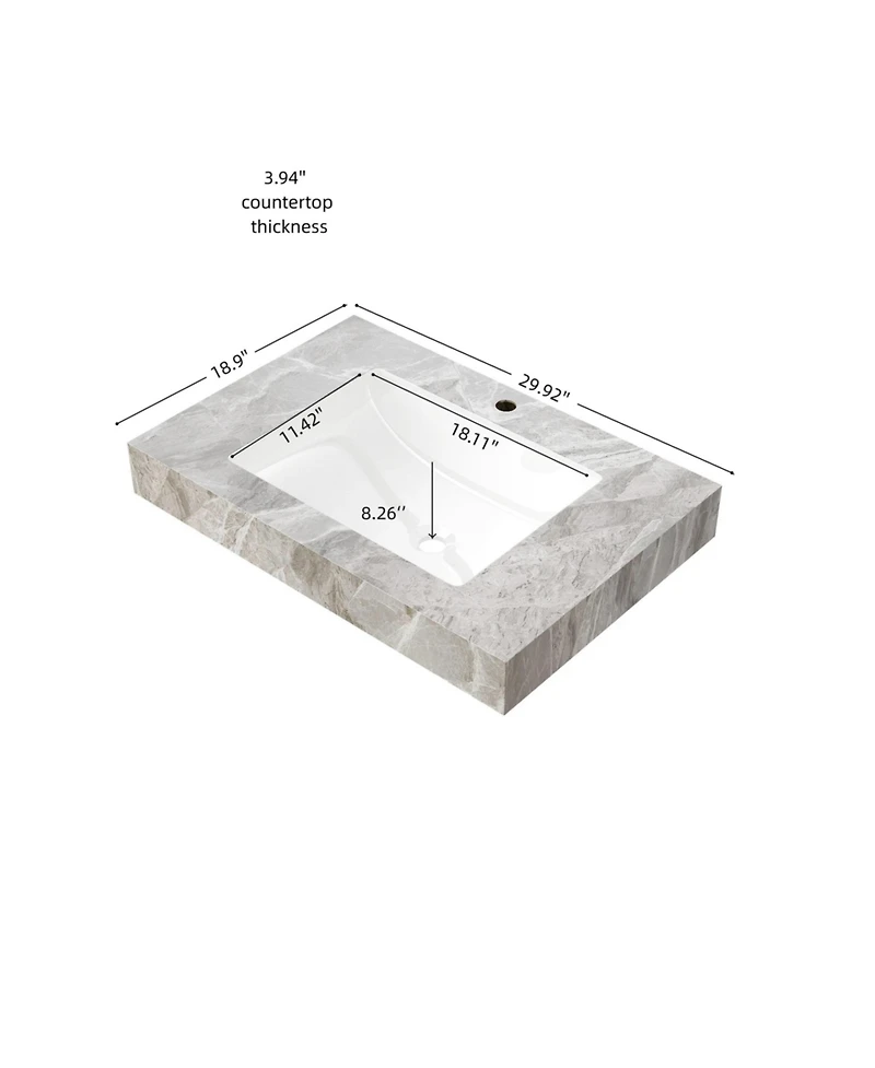 Busdays 30 Inch Sintered Stone Countertop with Undermount Ceramic Basin One Pre Drilled Faucet Hole No Cabinet No Faucet No Sink Cover