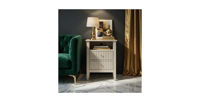 Lucky One 18"W Fluted Nightstand with 2-Drawer and Gold Knobs