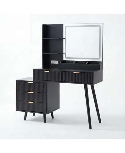 gaomon Modern Wave Texture Vanity Desk with Led Light Mirror and Power Outlet, 5 Drawer Storage Makeup Dressing Table for Bedroom