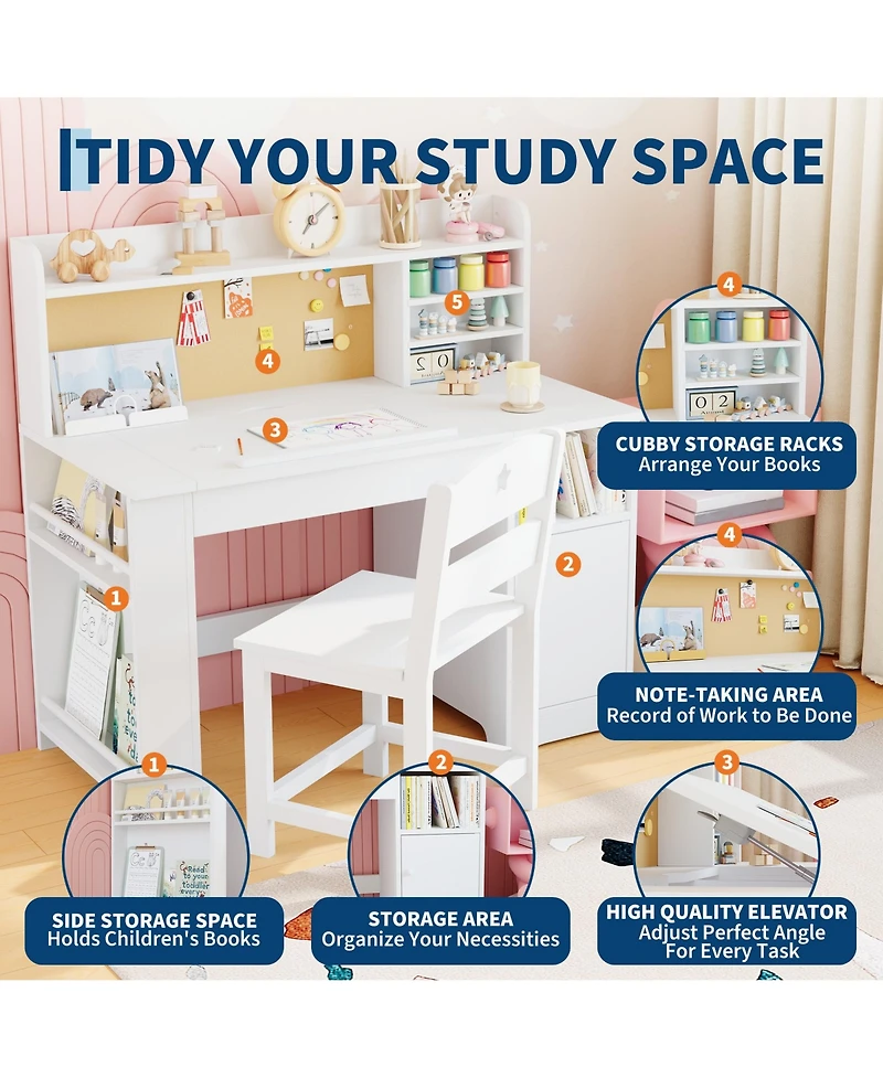 homfan Kids Study Desk and Chair Set with Storage, Tiltable Desktop, Hutch and Cabinet for Ages 3-8, Bedroom Writing Table