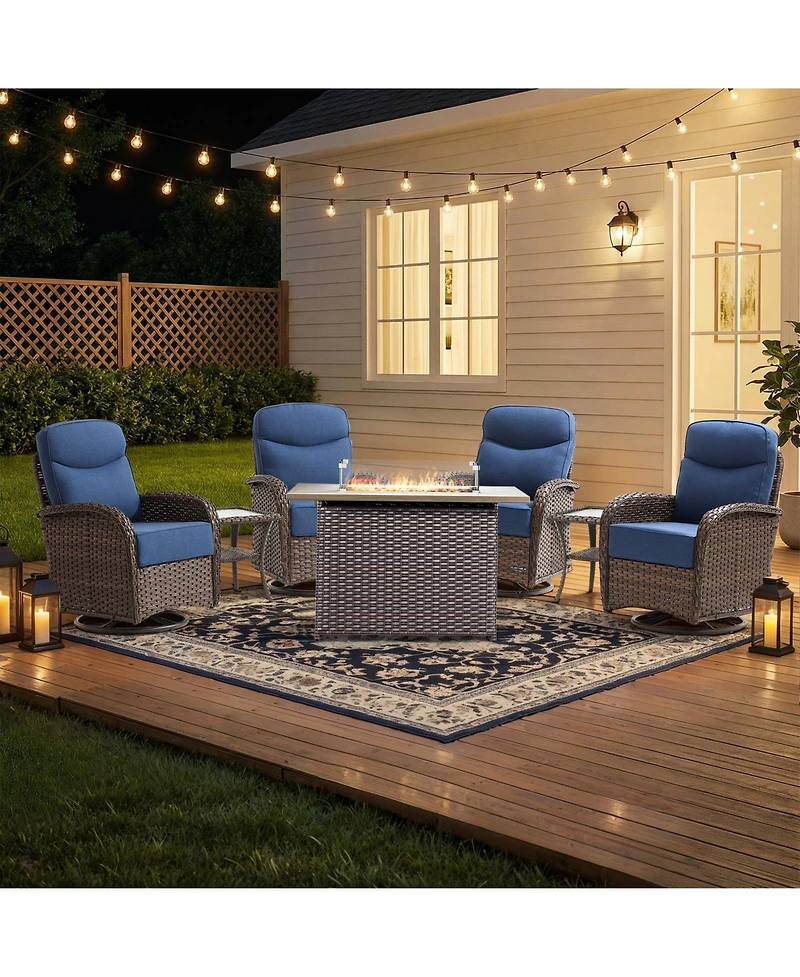 Pocassy Patio Furniture Set with 6-inch Thick Cushion, Outdoor Fire Pit Table, Swivel Chairs,Side Table,7pcs Wicker Conversation