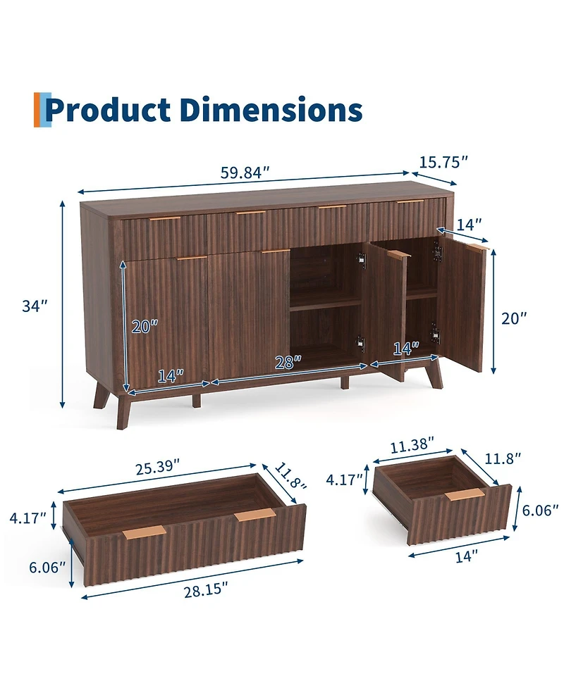 homfan Modern Sideboard Buffet Cabinet for Dining Room, Elegant Storage Solution,Fluted Design, Spacious Drawers, Adjustable Shelves and Doors