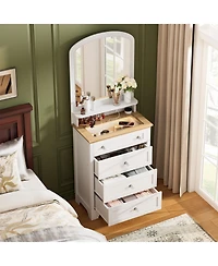 homfan Small Drawer Dresser with Mirror - Charge Station and Led Strip, Space Save White 4 Drawer Makeup Vanity Cabinet for Bedroom, Entryway