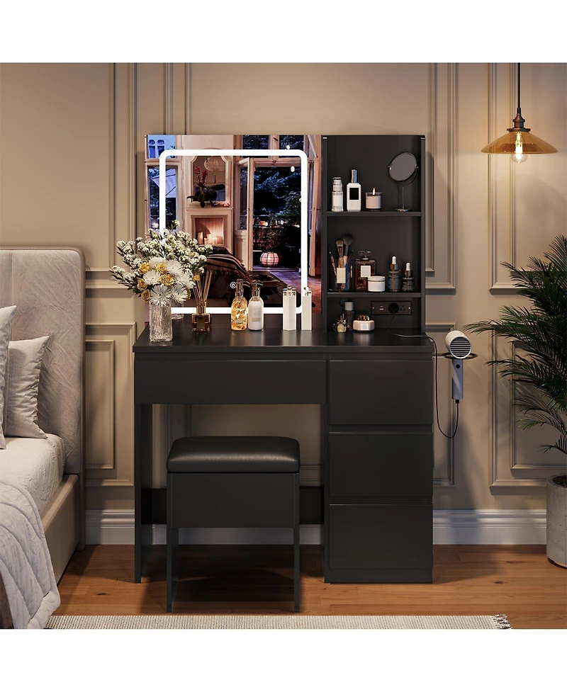 homfan Vanity Desk with Mirror and Led Lights, 4 Drawers, Power Outlet, Storage Stool, Shelves, Hair Dryer Holder, 3-Mode Lighting, Vanity Set