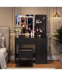 homfan Vanity Desk with Mirror and Led Lights, 4 Drawers, Power Outlet, Storage Stool, Shelves, Hair Dryer Holder, 3-Mode Lighting, Vanity Set