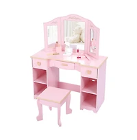 homfan Vanity Table and Chair Set with Tri-Fold Mirror – Wooden Princess Makeup Desk with 3 Drawers and Open Storage Shelves – Room Organization
